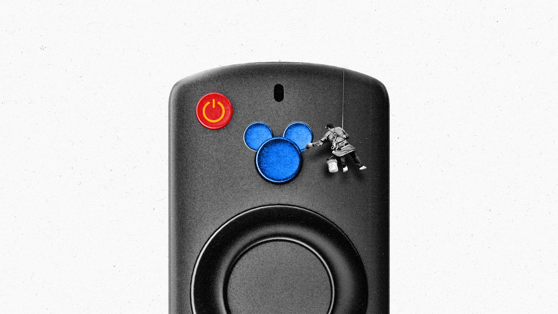 A ctv remote with a blue mouse shaped button and a red and gold power button.
