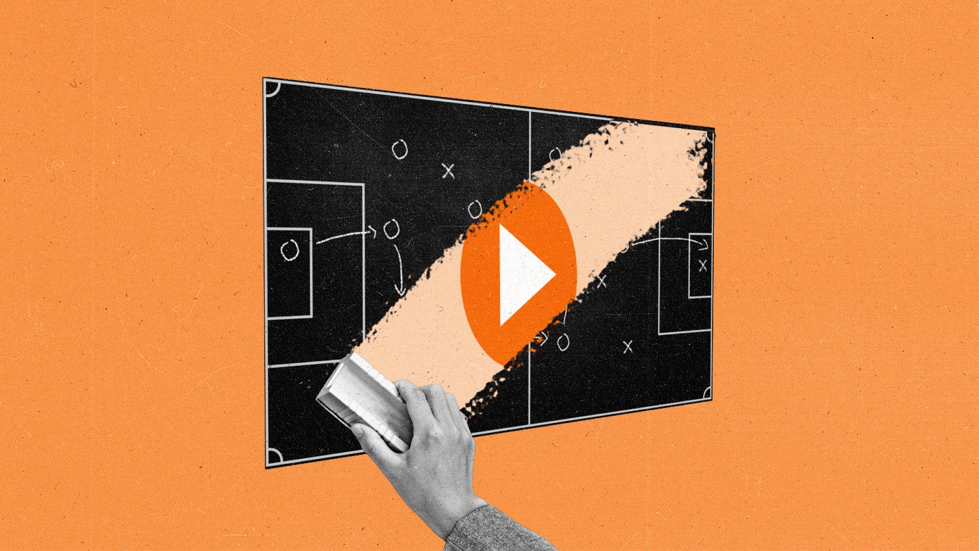 Sports strategy chalkboard drawing is swiped through the middle by an eraser, revealing a CTV play button.