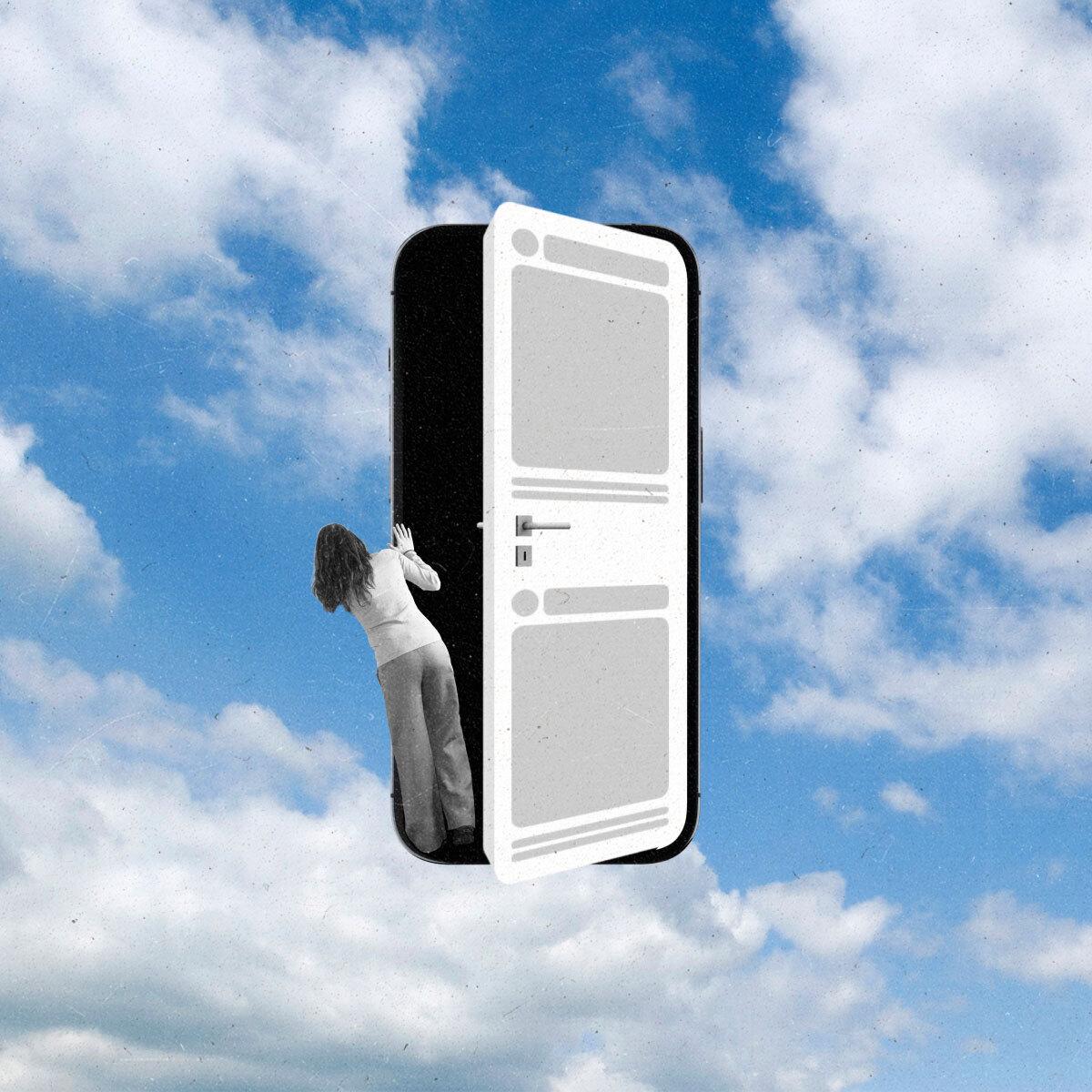 Social media screen on mobile device opens like door, person peeks outside and sees full sky