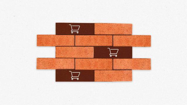 A section of wall made of bricks and brick-shaped buttons with shopping cart icons on them
