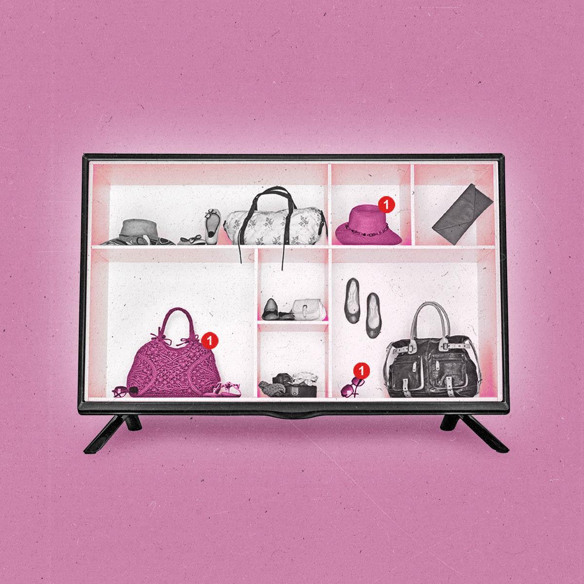 TV screen filled with retail shelves and items, clothing, purses, etc.