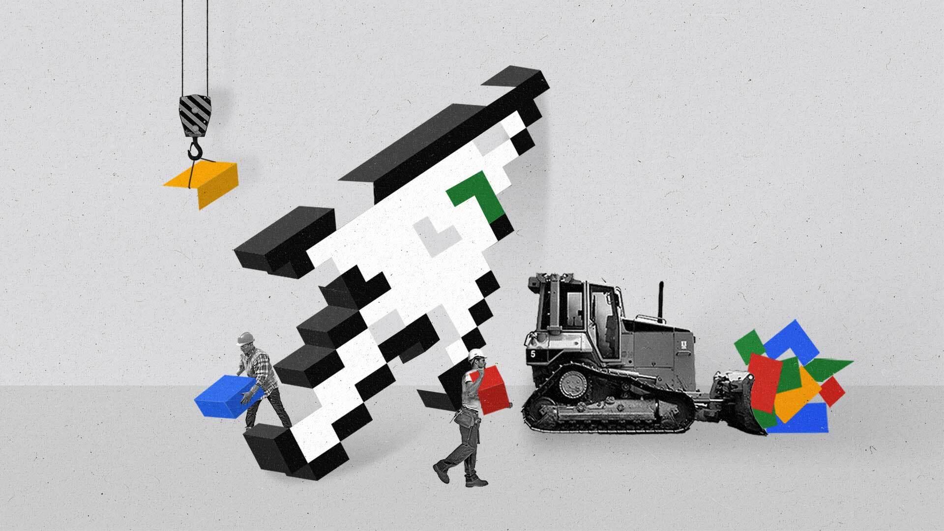 Construction workers remove multicolored blocks and a large animated cursor.