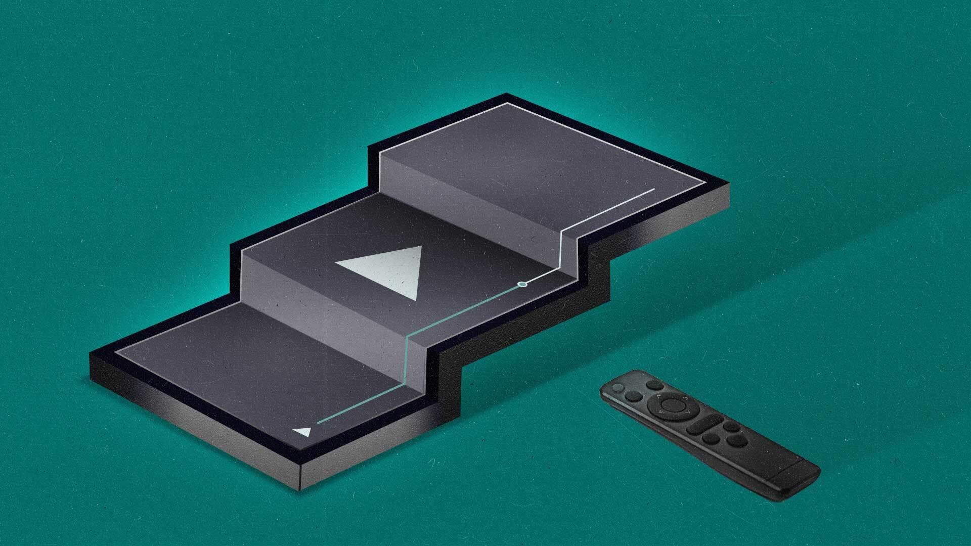 A photo collage style illustration showing a TV screen in the shape of an upward trending graph and a tv remote next to it.