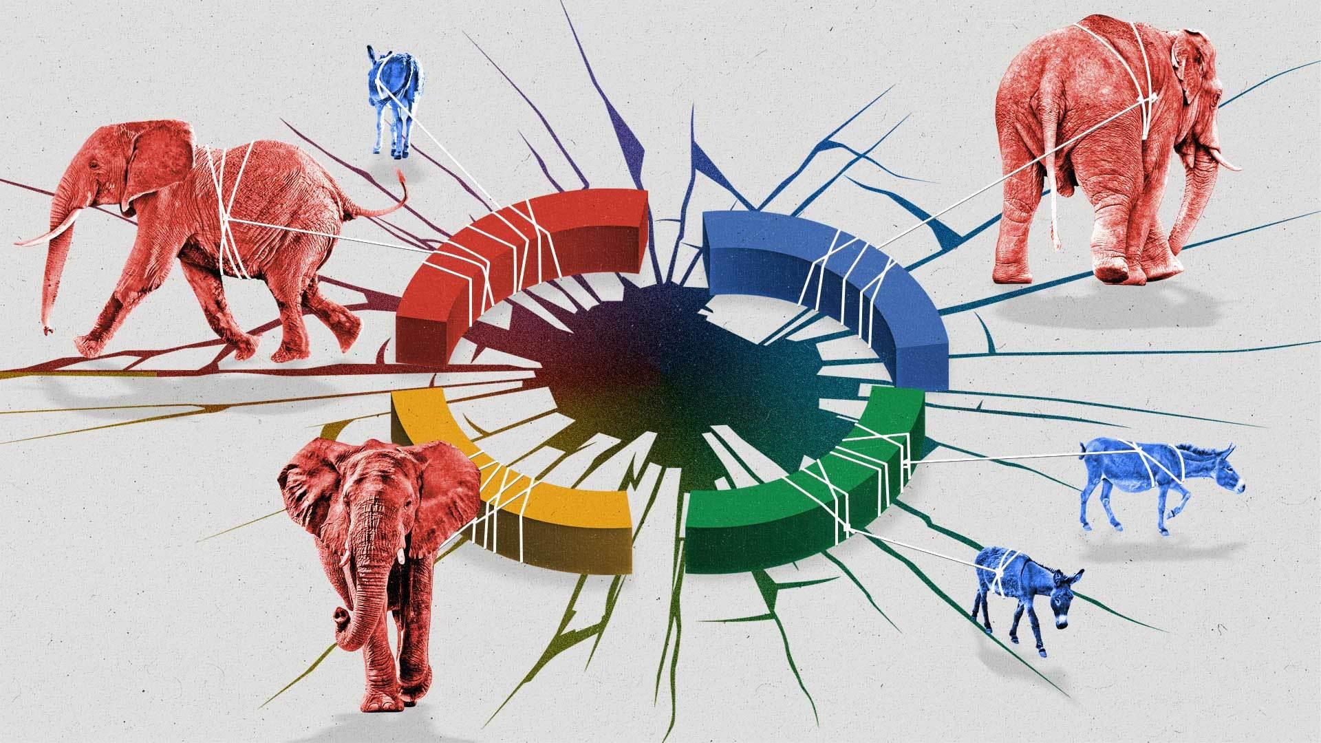 Circle with primary colors reveals a hole in the ground with blue and red animals.