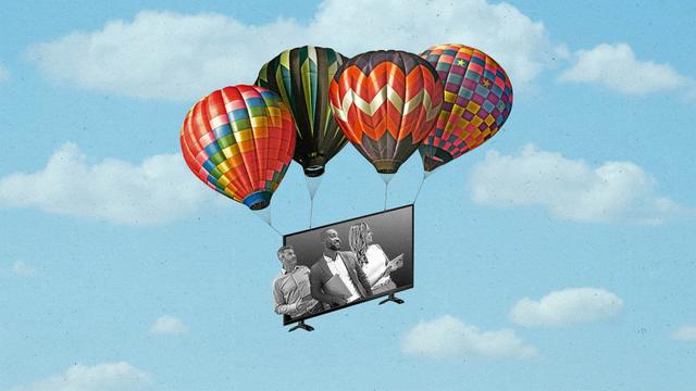 A TV with people on it are carried away by multi-colored hot air balloons.