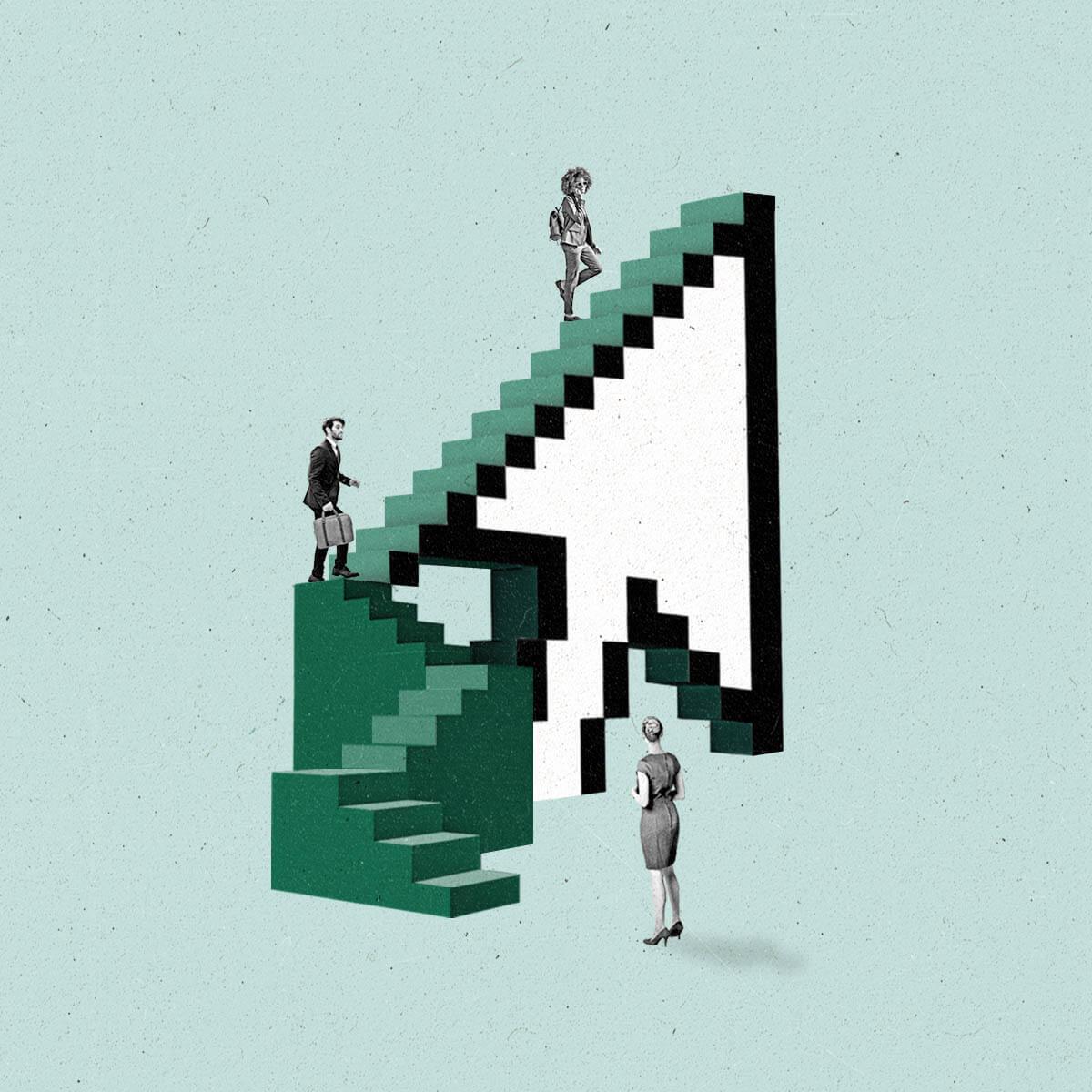 A group of businesspeople ascend stairs that merge into the pixel edges of an arrow cursor.