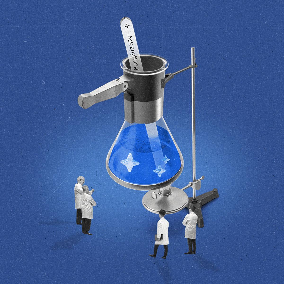 A megaphone resembling a beaker with a glass stirrer resembling a prompt bar on a burner with AI sparkles in it as people in lab coats observe.