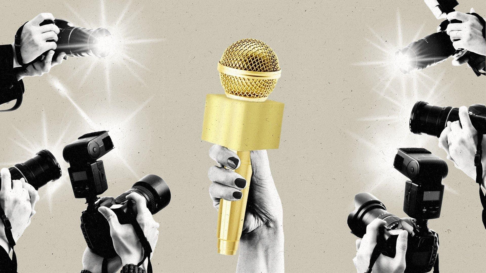 Hands holding cameras take pictures of a hand holding a golden news microphone.