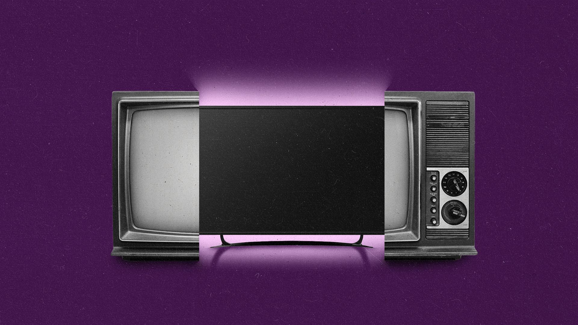 An antique TV split in half to reveal a glowing new flatscreen TV.