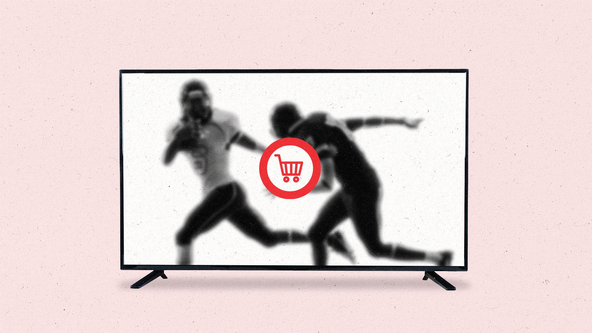 A TV screen showing two blurry football players being blocked by a clear shopping cart button.
