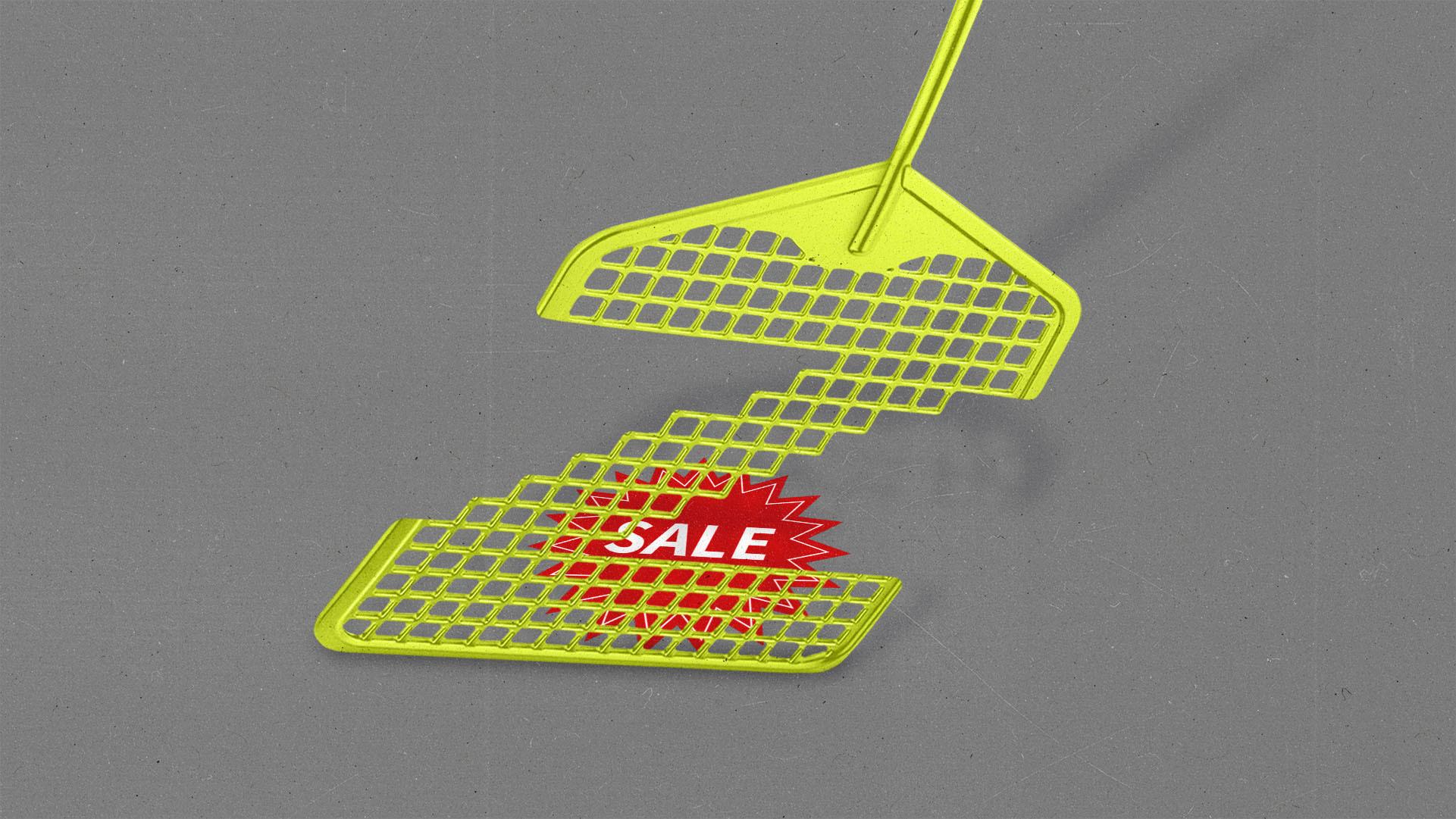 A 'Z' shaped fly swatter smacks a bright red "sale!" sticker.