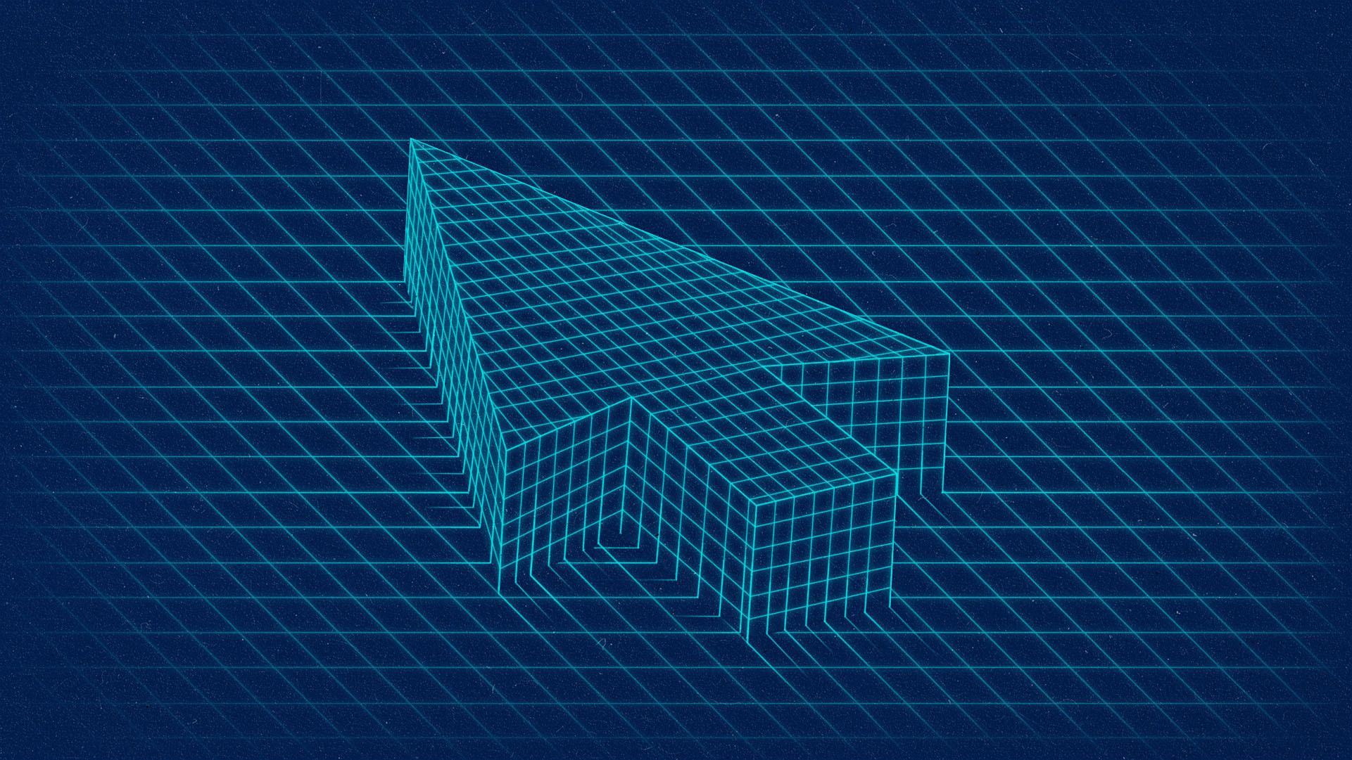 Turquoise wireframe grid comes together to create a 3D cursor shape.