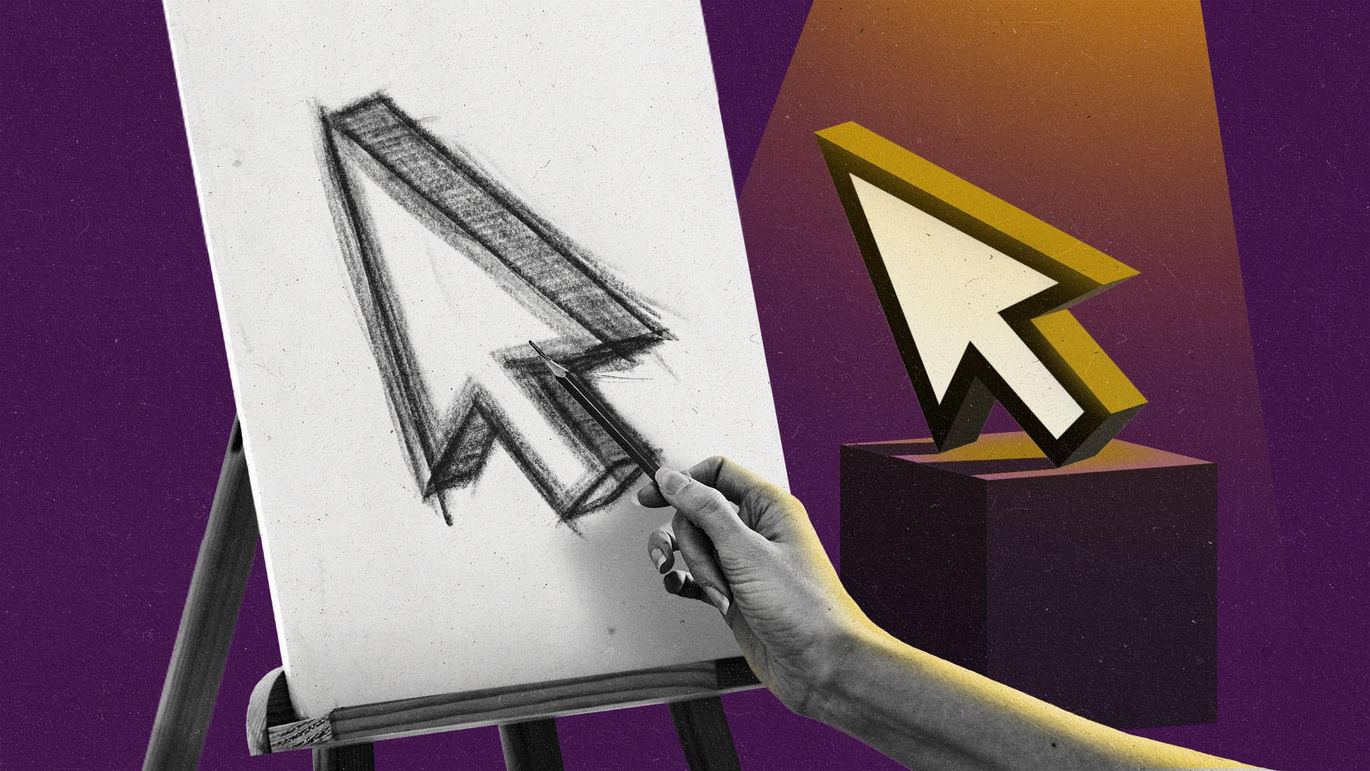 A hand holds a pencil to an easel sketching a computer cursor while a computer cursor is under a spotlight 'modeling'.