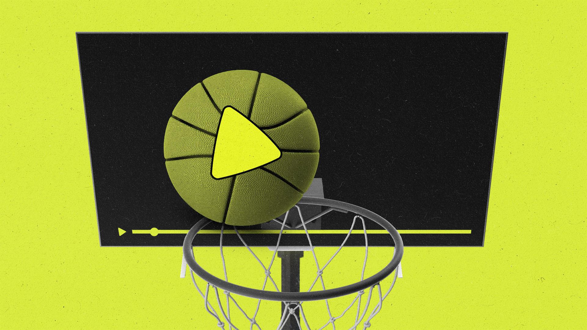 A basketball with a play button being thrown into a basketball hoop with a TV backboard.