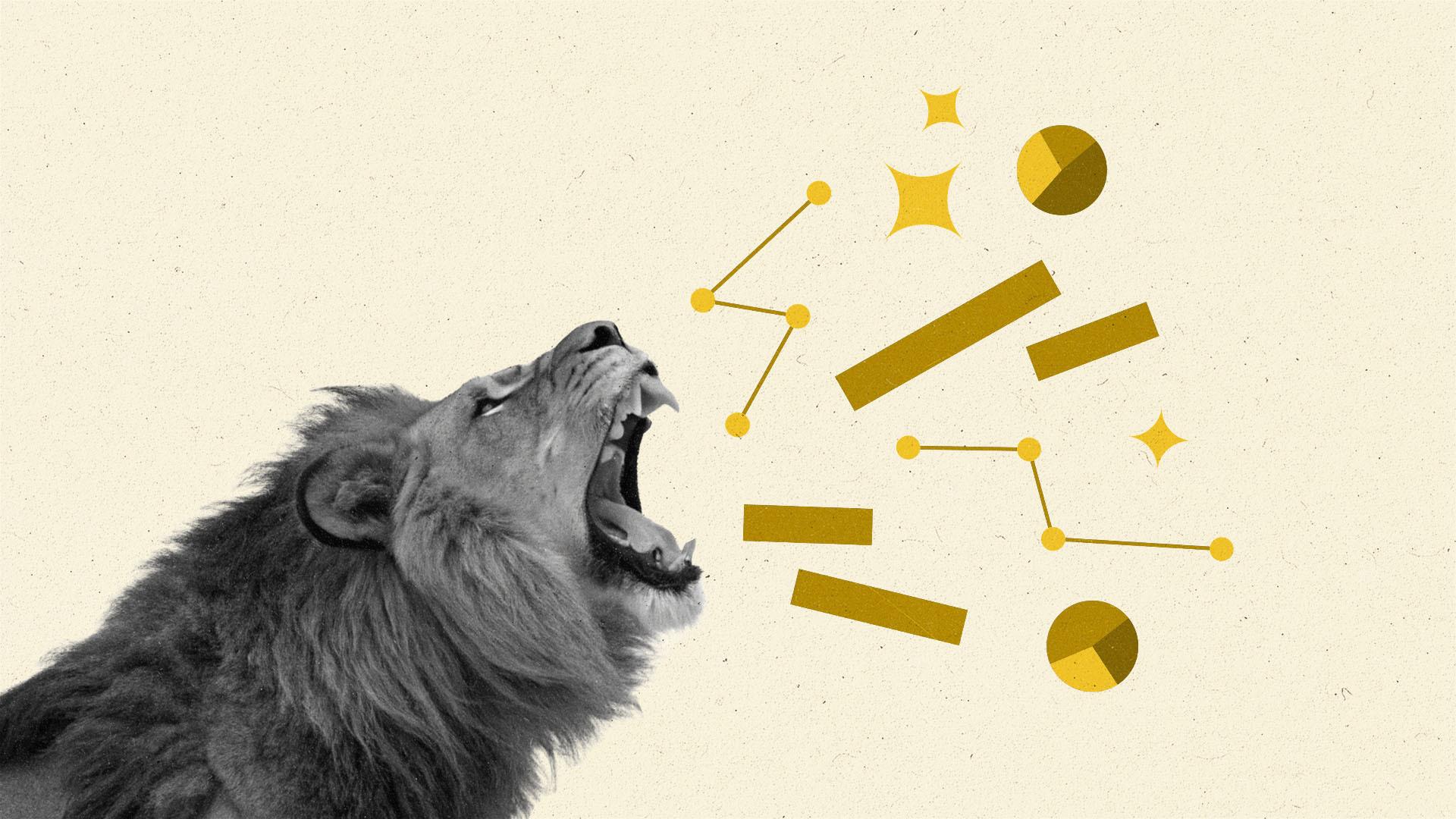 A lion roaring out line graphs, bar graphs, circle graphs, and AI stars.