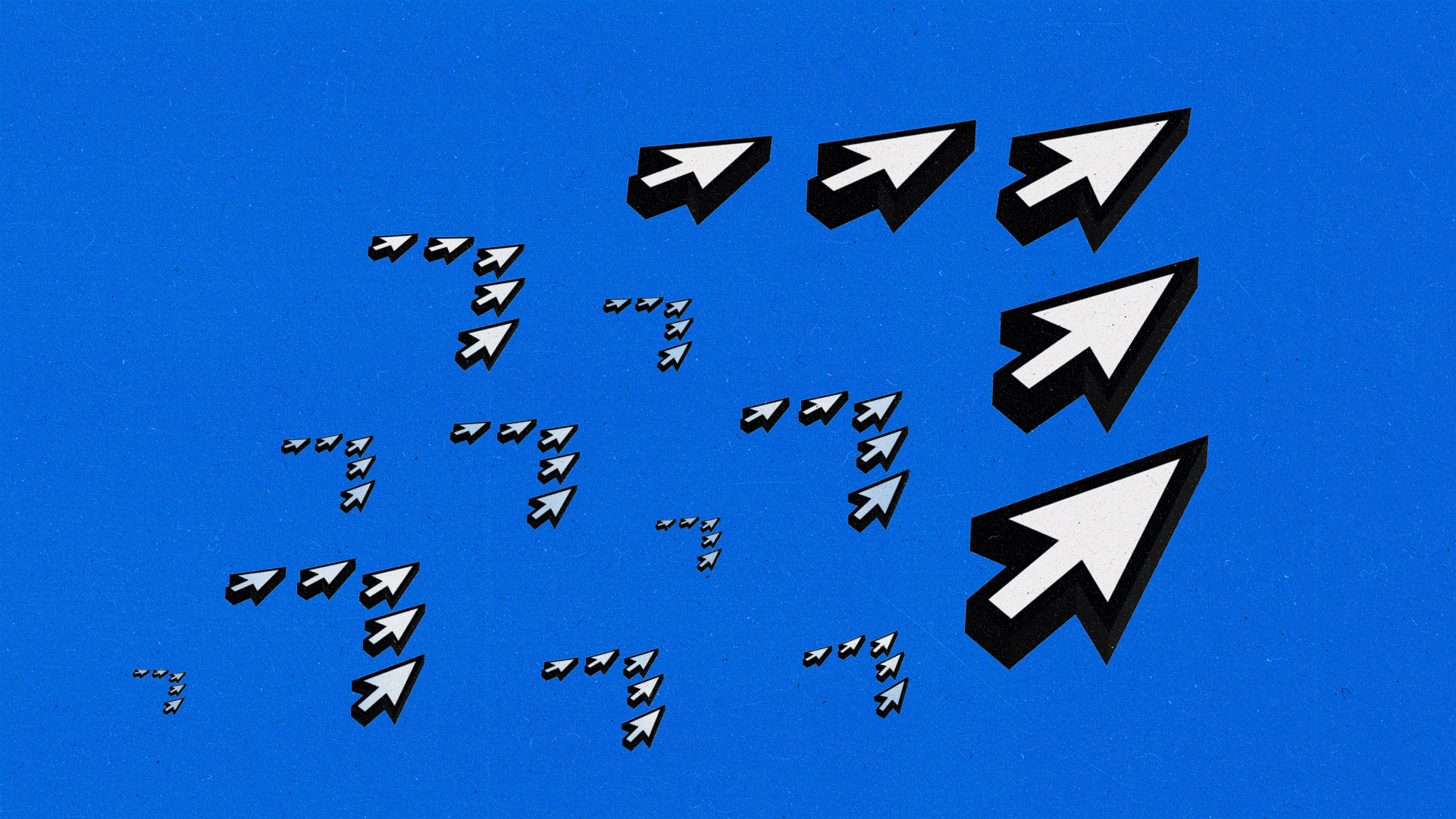 5 cursors in a flying V shape, leading the way for other groups of cursors in v formations.