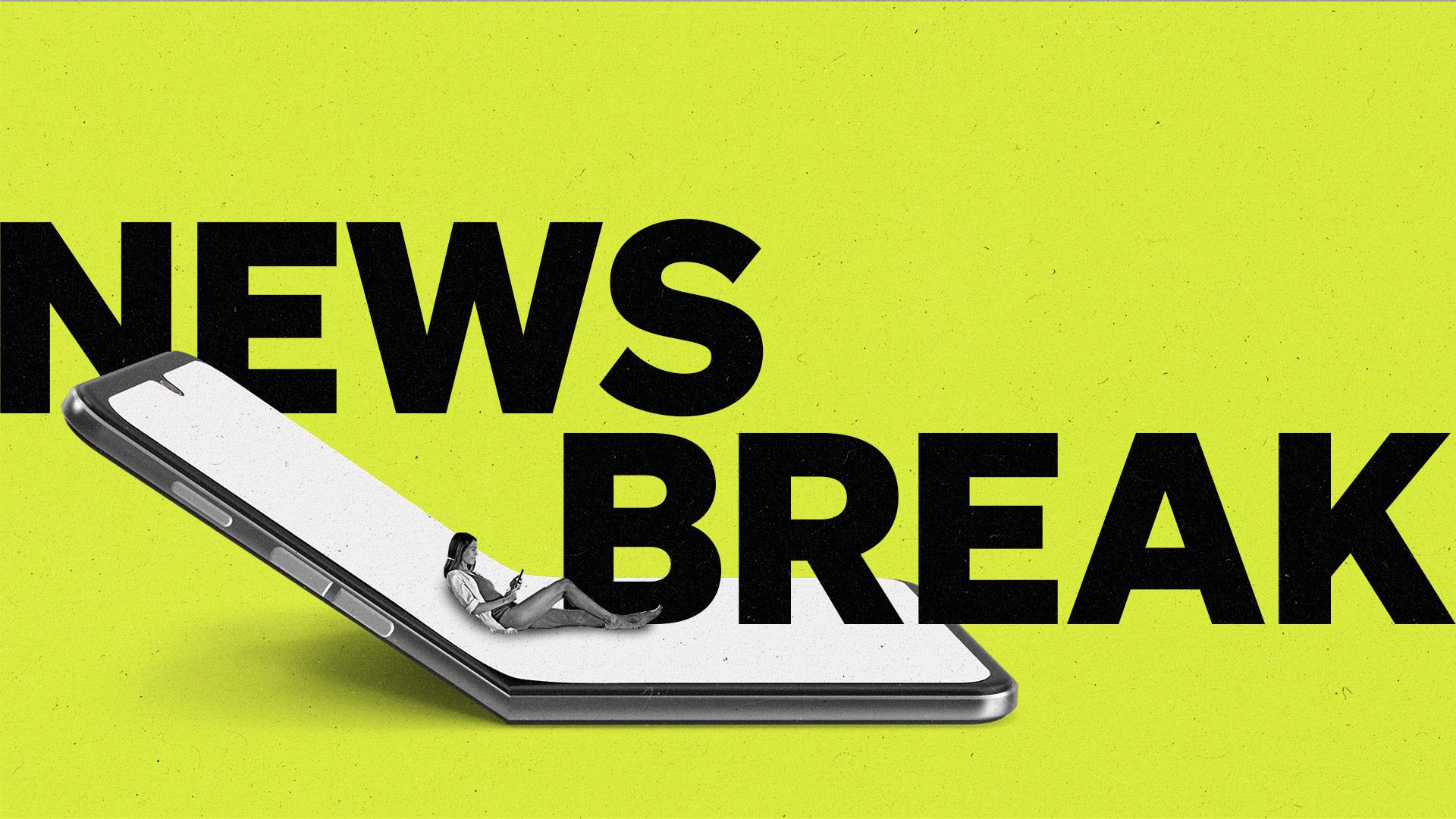 The Current News Break, a person sits on a large mobile phone.