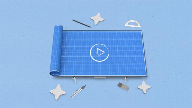 Drafting tools and AI stars surround a TV made to look like a blueprint.
