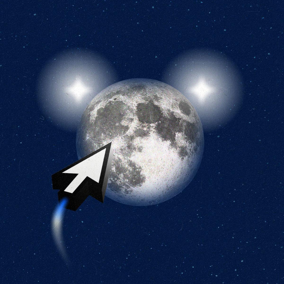 Cursor like a rocketship moving towards the moon and two stars.