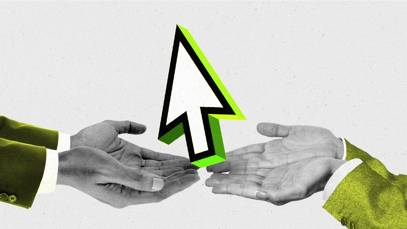 Two pairs of hands in suits working together to hold up a cursor.