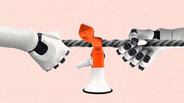 robot hand on each side pulling a rope with a handkerchief made to made to look like a megaphone