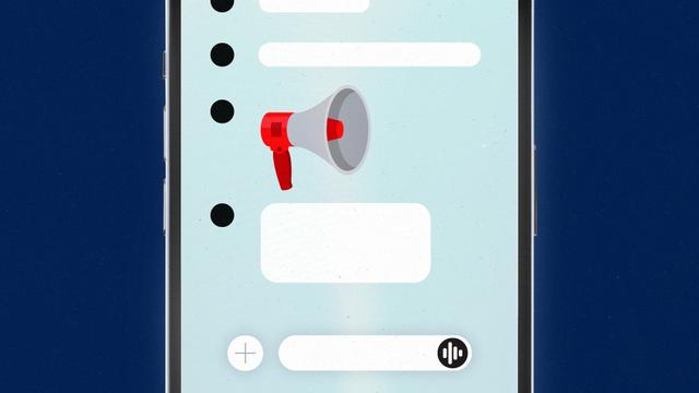 Smartphone display showing an AI chatbot chat, interrupted by a megaphone emoji.
