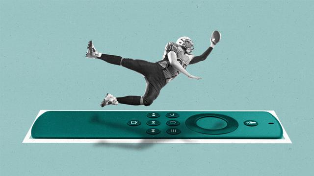 a football player catching over an endzone made to look like a TV remote.