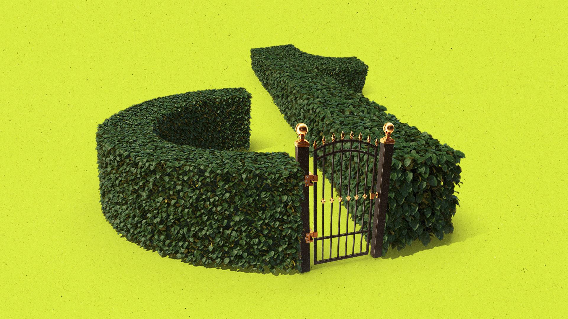 Hedge with a garden gate in the shape of the TikTok logo.