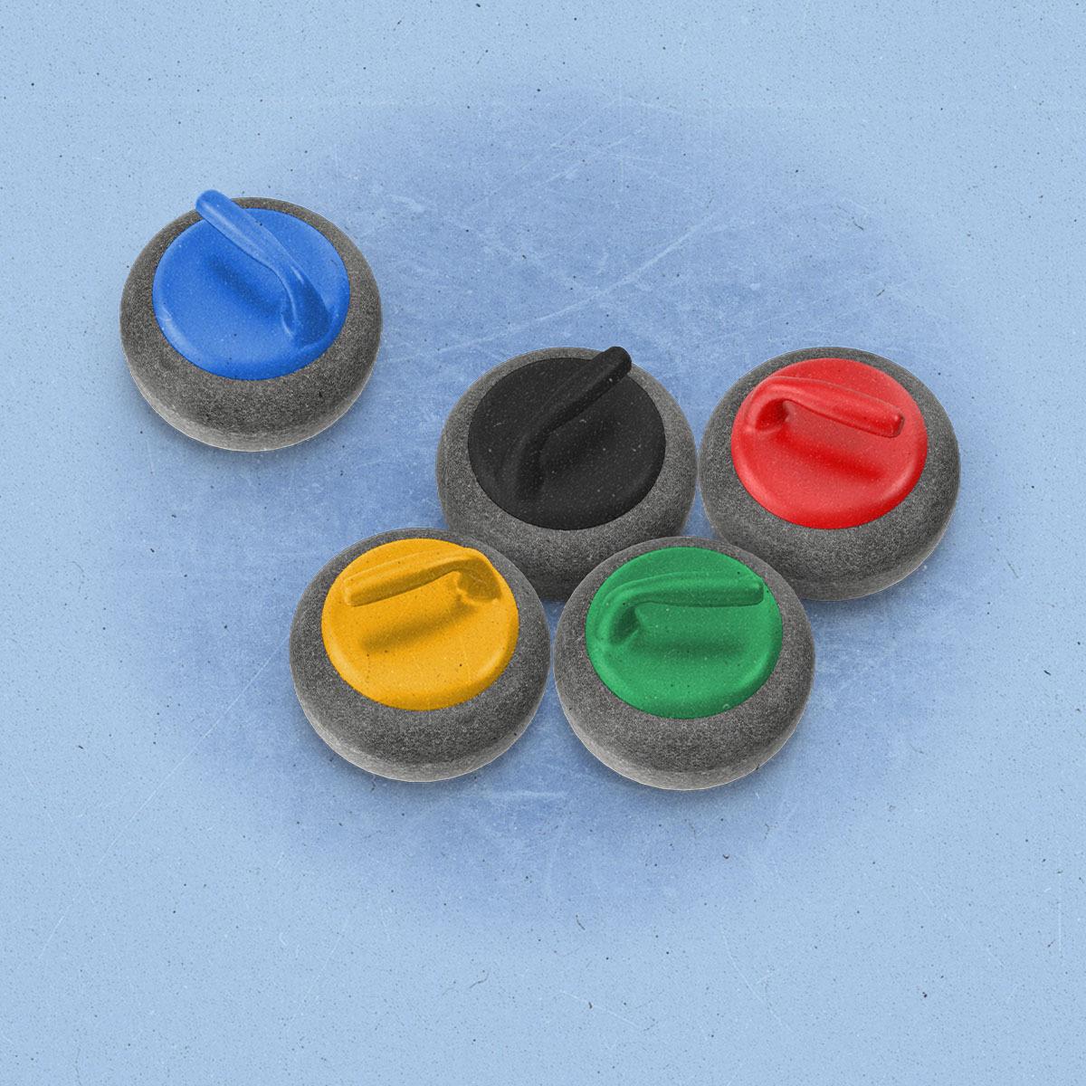 curling stone colored blue, black, red, yellow, and green on ice.