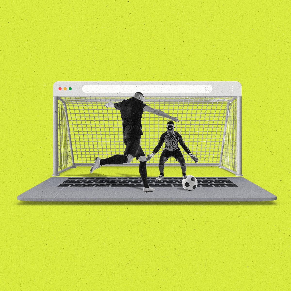 An athlete on-top of a keyboard kicking a soccer ball towards a goal guarded by a goalie.