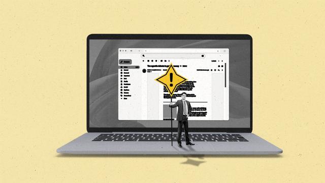 A man standing with a caution sign made to look like an AI star standing in front of an open laptop with a newsletter on the screen.