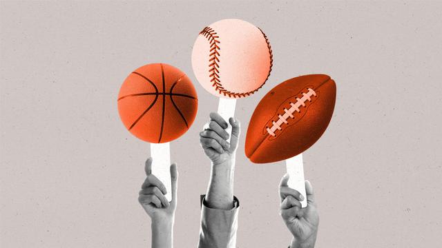 a basketball, baseball, and foot ball made to look like bid signs being held up.