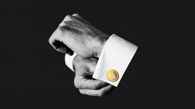 Hands adjusting a gold cufflink with an upward trending bar graph design on it.