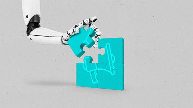 Robotic hand completing an unfinished puzzle that shows the image of a megaphone.