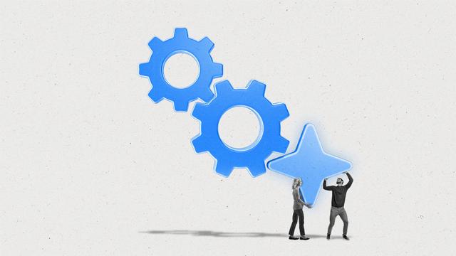 two people carry an AI star to a set of gears.