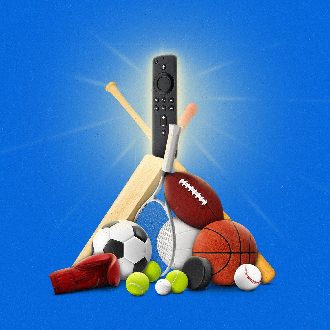 Piled sports equipment propping up a glowing streaming remote at the top.