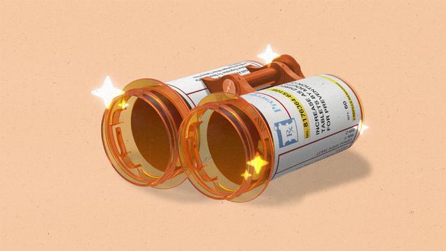 Two open pill bottle laying down made to resemble binoculars, surrounded by glowing AI sparkles.