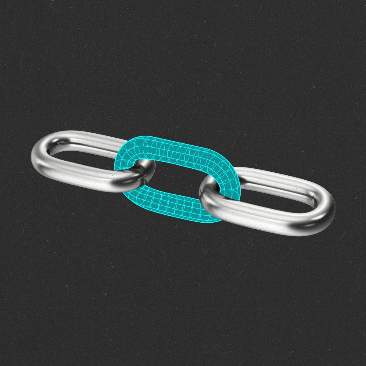 Two links of a chain connected by a digital wireframe link.