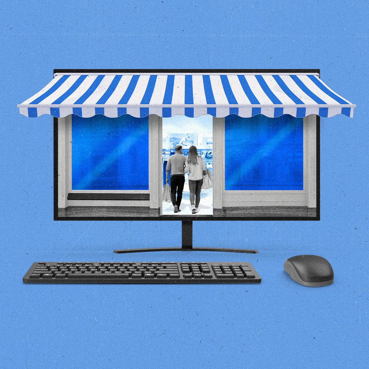 Computer monitor, mouse, and keyboard made to look like a store front with an awning as two shoppers enter.