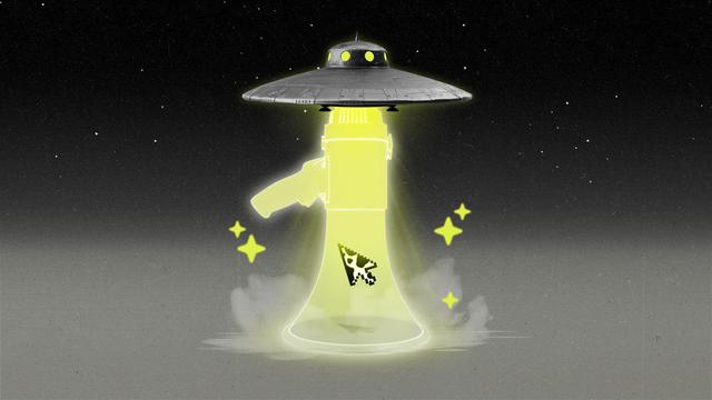 A UFO beaming down in a shape of a megaphone abducting a cursor with a cow pattern.