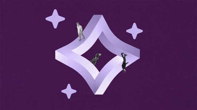 An impossible shape in the form of an AI star with people walking on.