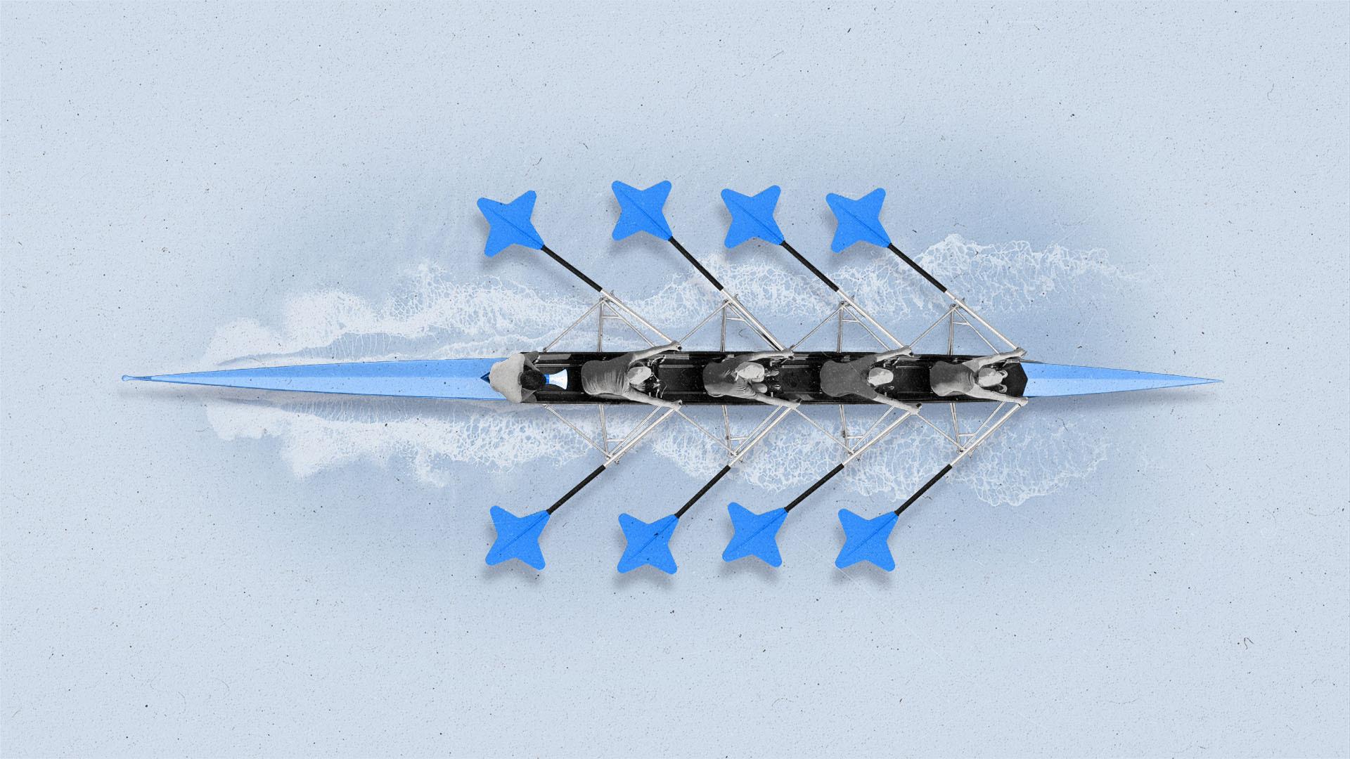 A row boat team with paddles in the shape of AI sparkles with a leader at the end with a megaphone.