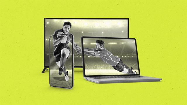 A cellphone, laptop, and TV overlap and compose a football scene
