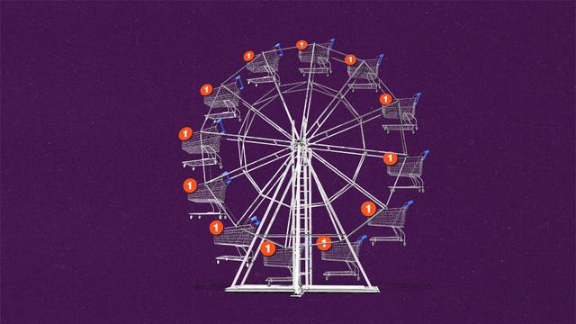 A ferries wheel with cabins as shopping carts each with a bubble with the number one in it.