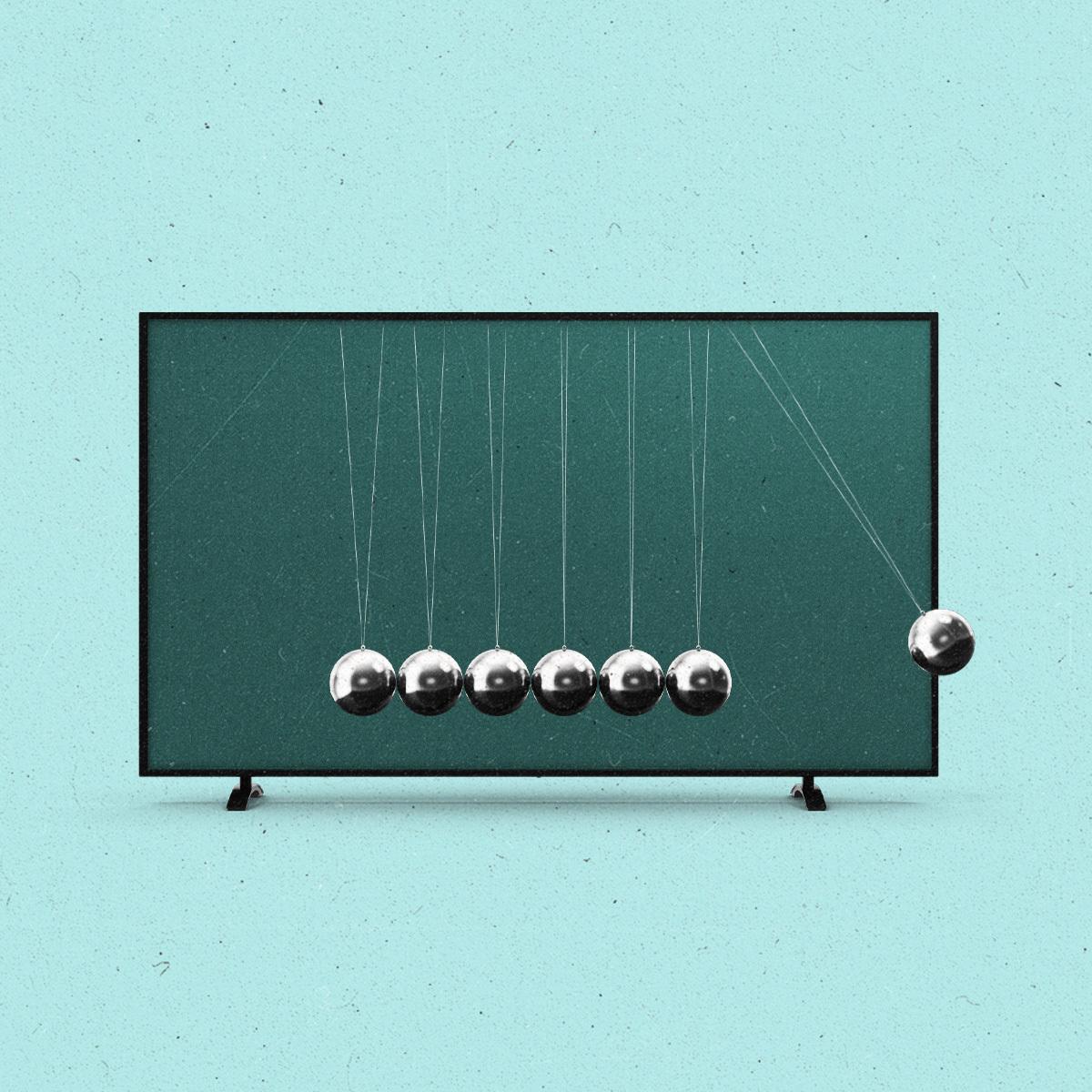 Newton's cradle swinging from within the frame of a TV to the outside