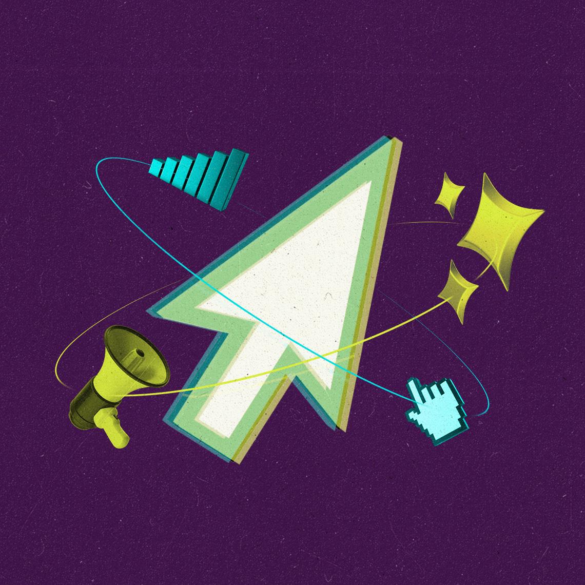 AI sparkle, megaphone, data, and cursor orbiting and 'creating' a large cursor