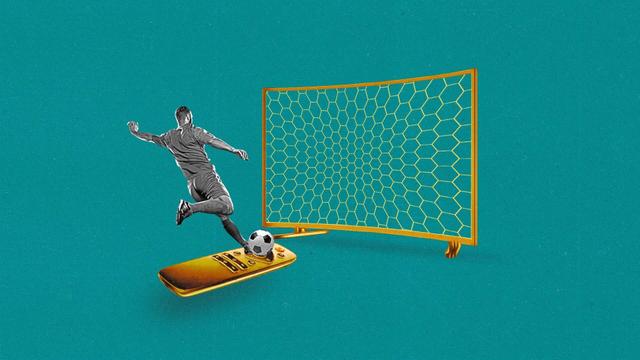 A soccer player kicks a soccer ball on a CTV remote into a net shaped like a television.