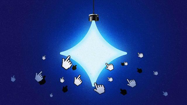 Illustration showing a lamp the shape of an AI icon, and a group of cursors are moving towards the light.