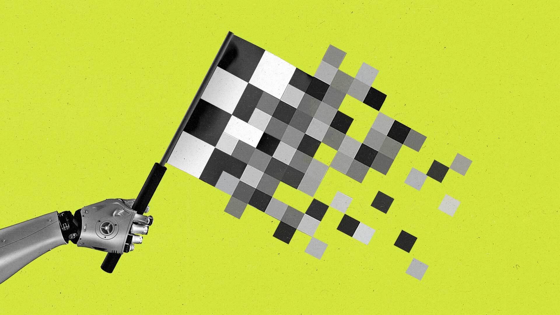 An illustration of a robot arm holding a checkered black and white flag, and the flag fades into pixels.