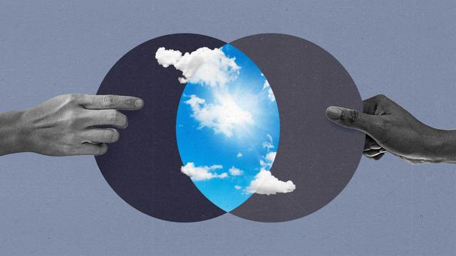 A collage-style illustration with to hands holding circles. Where the circles meet in the center, there's an open blue sky and sunshine.